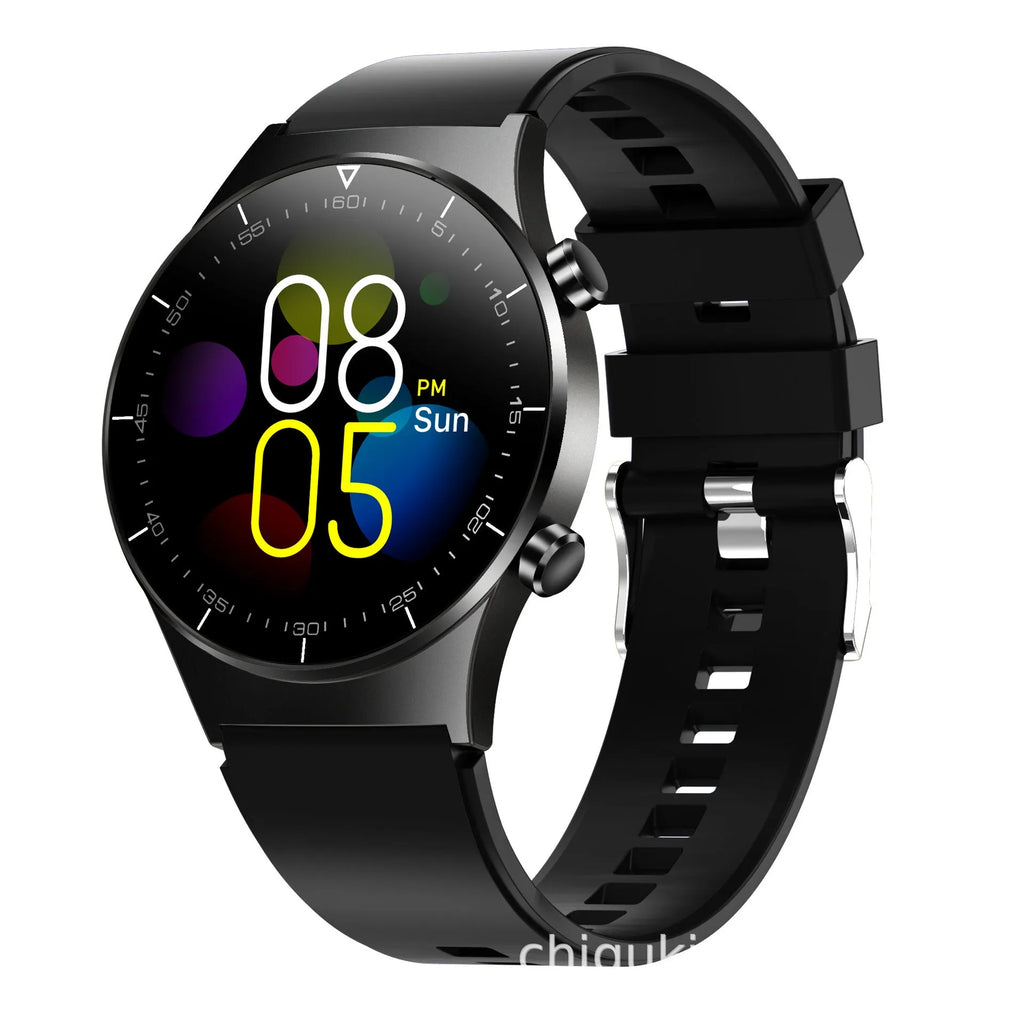 Black smart watch with 1.3-inch screen showing heart rate and blood pressure monitoring display