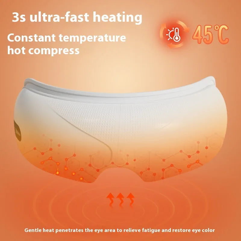 White rechargeable eye massager with heat and air compression therapy on a grey background.