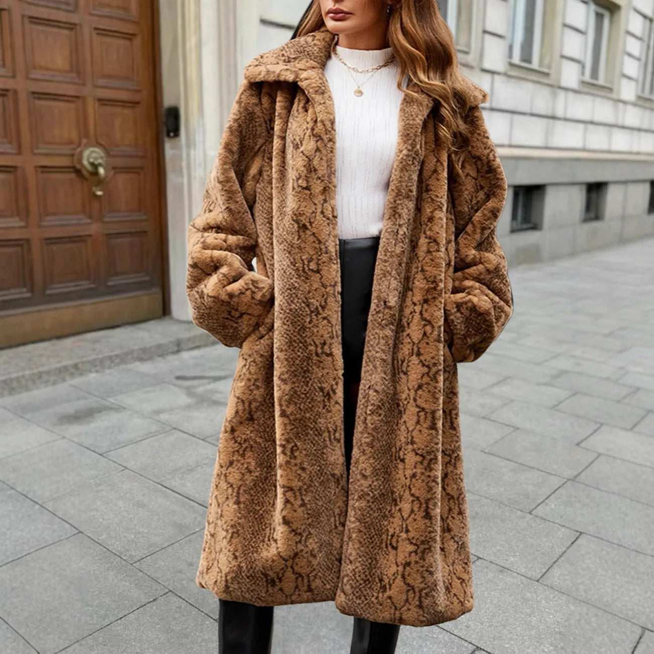 Women's thick artificial fur plush coat in leopard print, knee-length with regular sleeves.