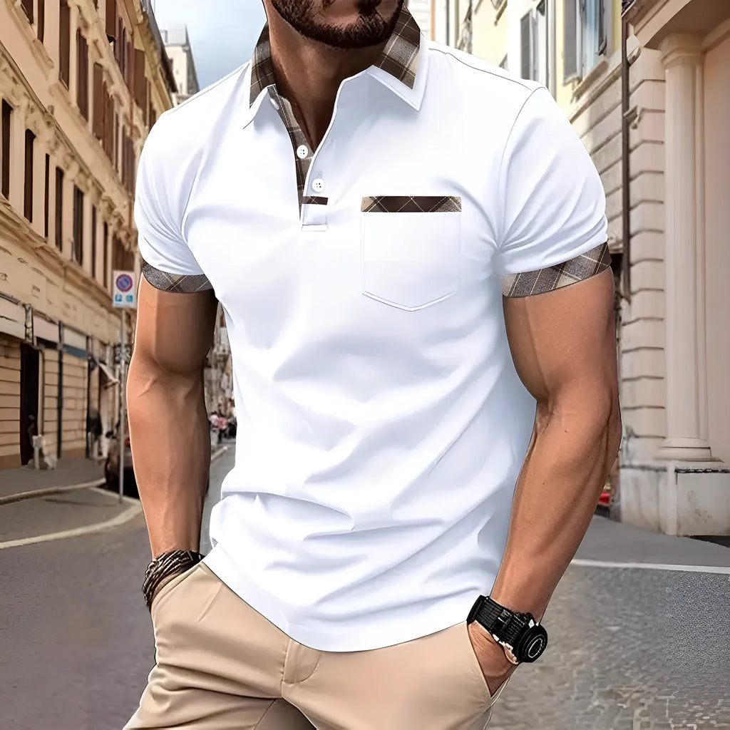 Men's loose fit plaid colourblock short sleeve T-shirt on a white background