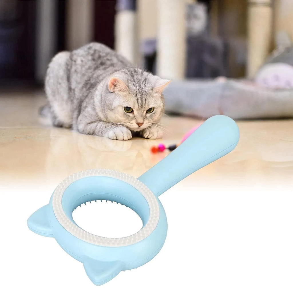 Blue and white double-sided pet grooming brush with deshedding comb and massage bristles