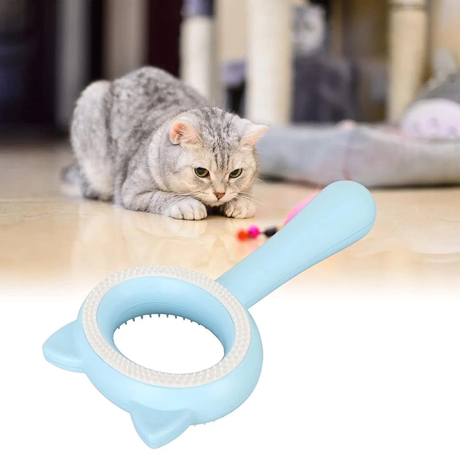 Blue and white double-sided pet grooming brush with deshedding comb and massage bristles
