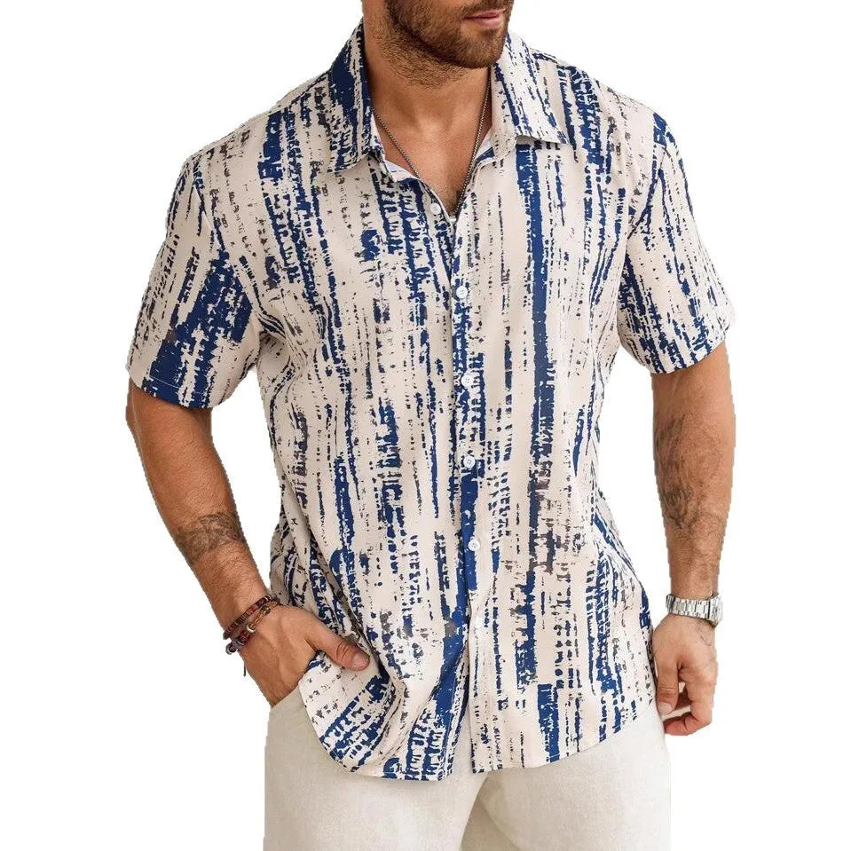 Men's 3D printed striped short sleeve shirt in apricot colour with anti-wrinkle polyester fabric