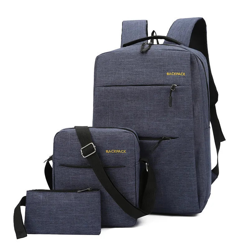 Men's USB charging three-piece nylon computer bag set in black, showing compartments and shoulder straps.