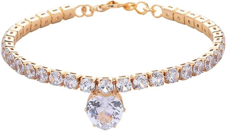 Gold pet collar with a heart shape covered in shiny rhinestones for dogs and cats.