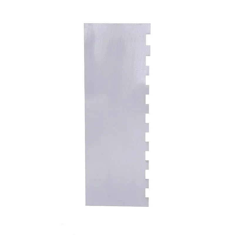 Stainless steel cake scraper with a polygon patterned blade for icing and filling work.