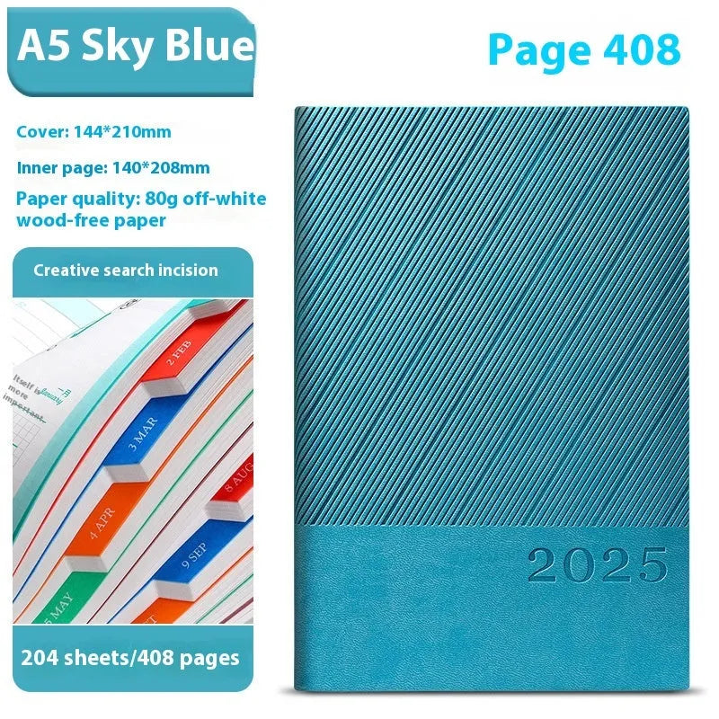 A5 business notepad with striped PU leather cover open on 80g wood-free paper, showing one of eight colour options.