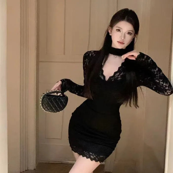 Women's black halter neck lace A-line dress with high waist and short skirt