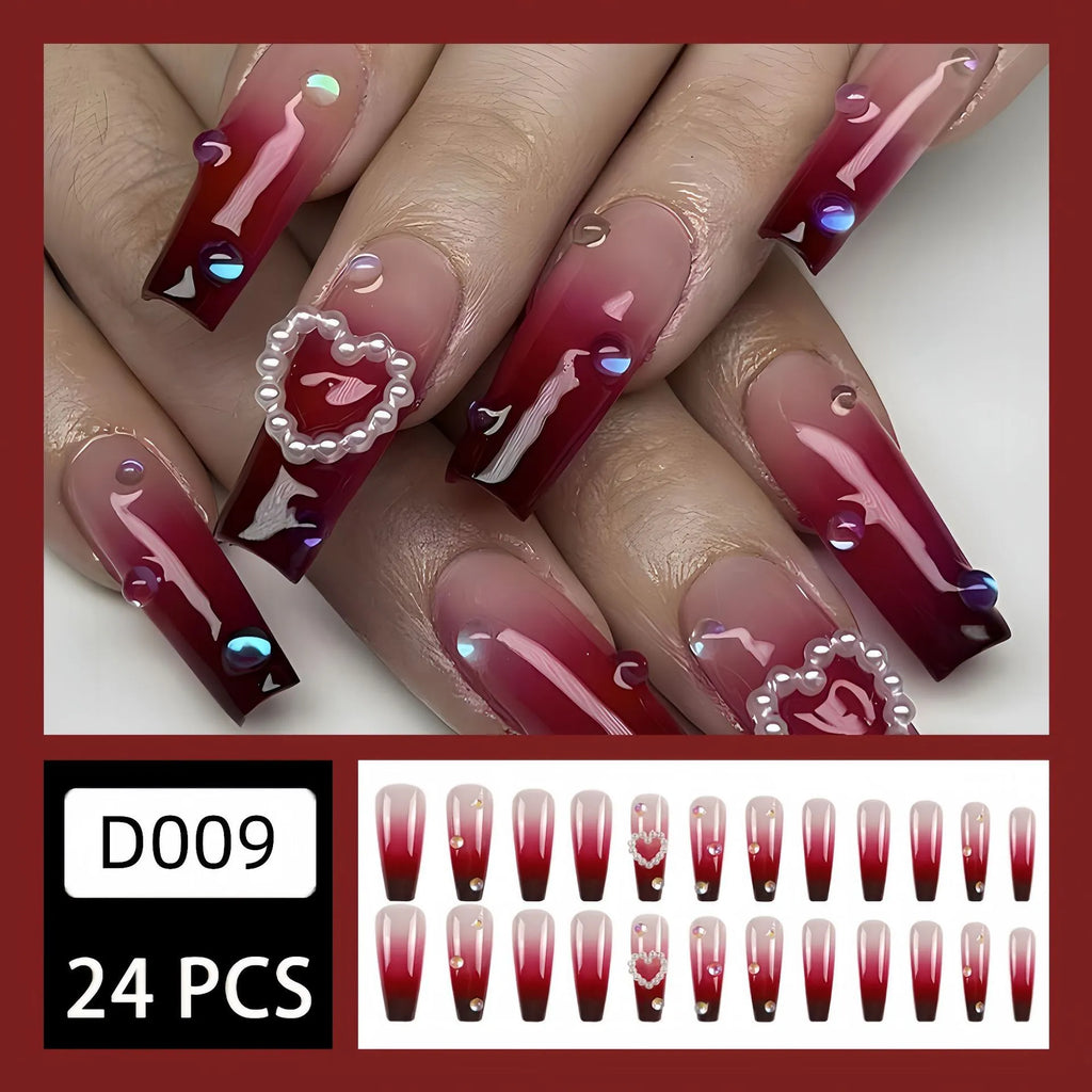 Wine red gradient false nail tips with pearl heart design and plaid pattern