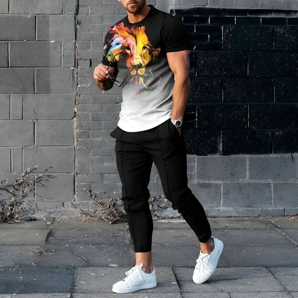 Men's short sleeve printed top and trouser sport suit set in polyester blend fabric.
