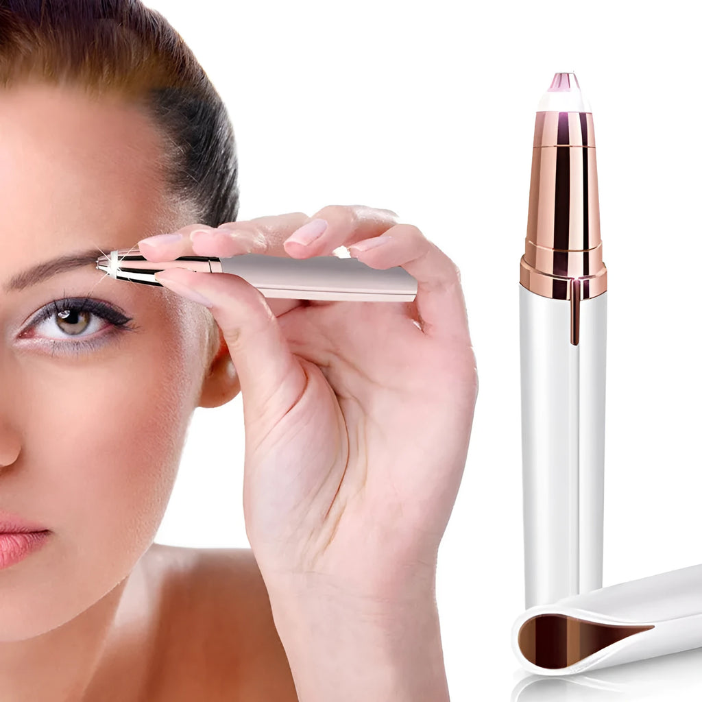 Eyebrow epilator pen with gold plated head and LED light on pink background