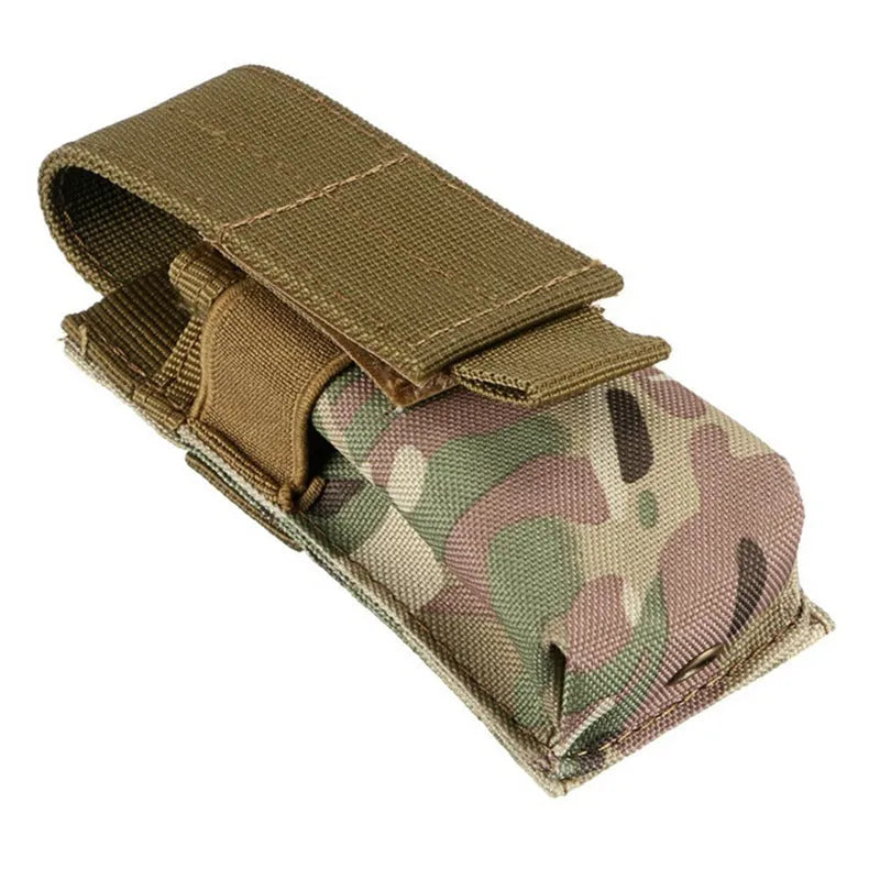 Military tactical waist bag with MOLLE straps and elastic cord closure in camouflage pattern