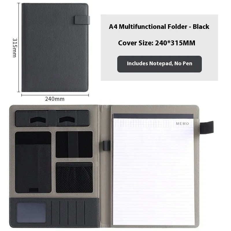 Black leather A4 business folder with pen holder and notepad accessories