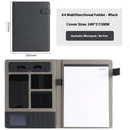 Black leather A4 business folder with pen holder and notepad accessories