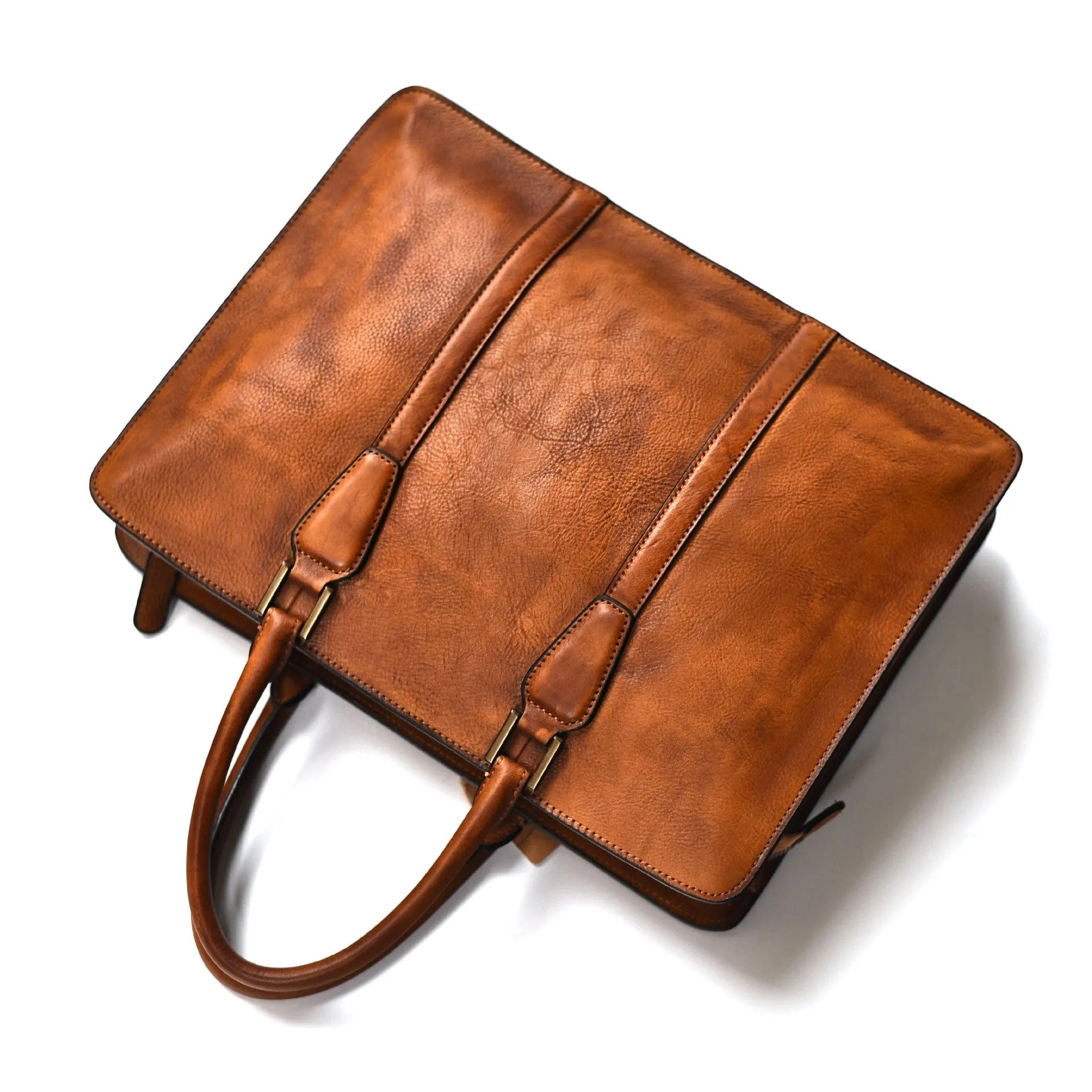 Men's brown leather horizontal business handbag with zip opening showing 14-inch size