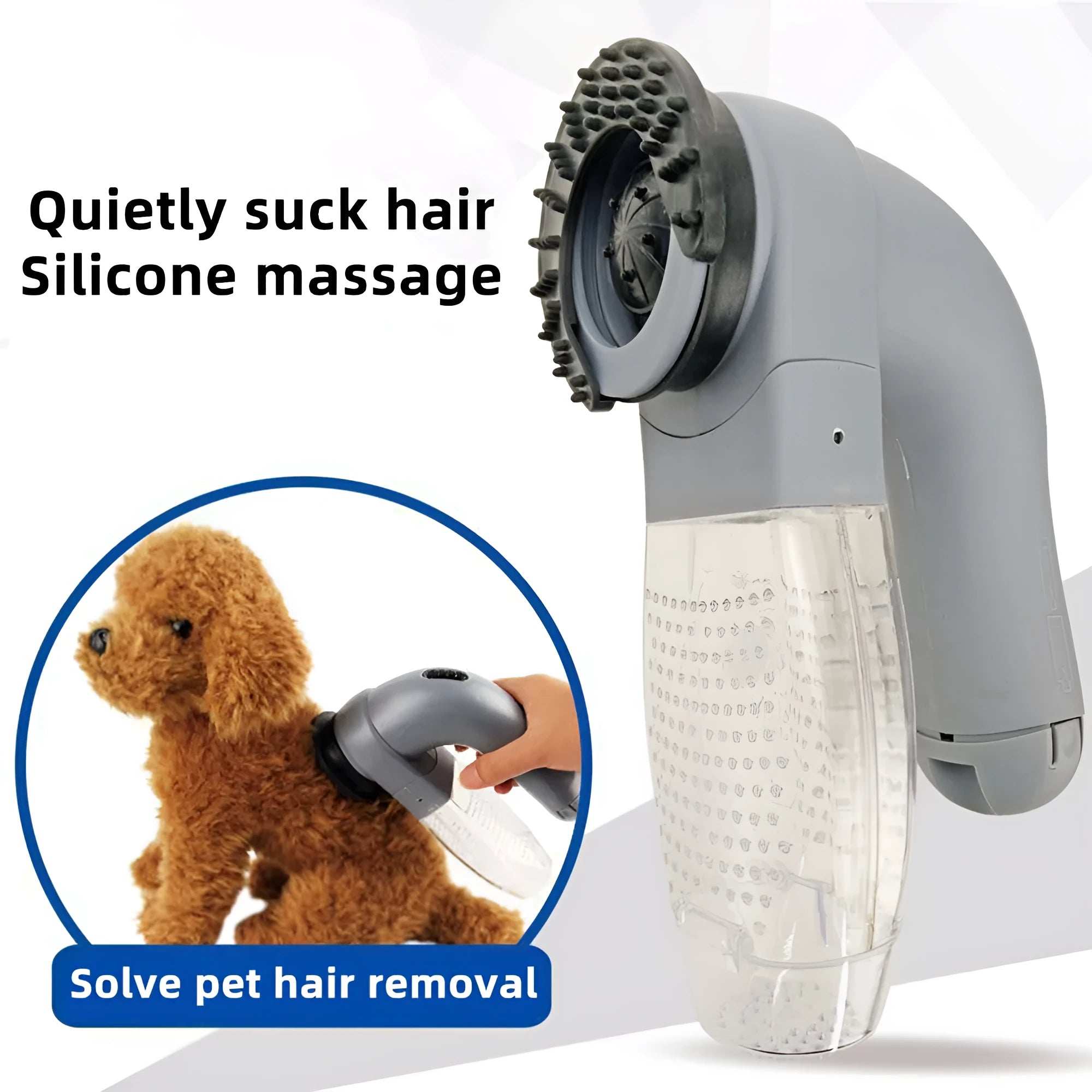 Grey cordless handheld pet hair vacuum grooming brush with soft rubber head