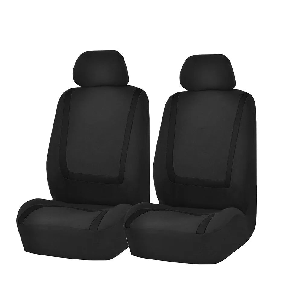 Fully enclosed fabric car seat cover set shown in a two-tone colour on a vehicle seat.