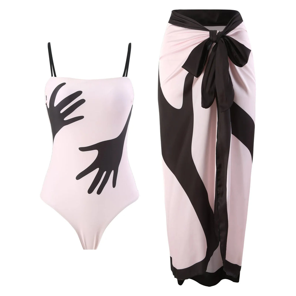 Women's patterned one-piece bikini swimsuit with attached tulle skirt in polyester fabric