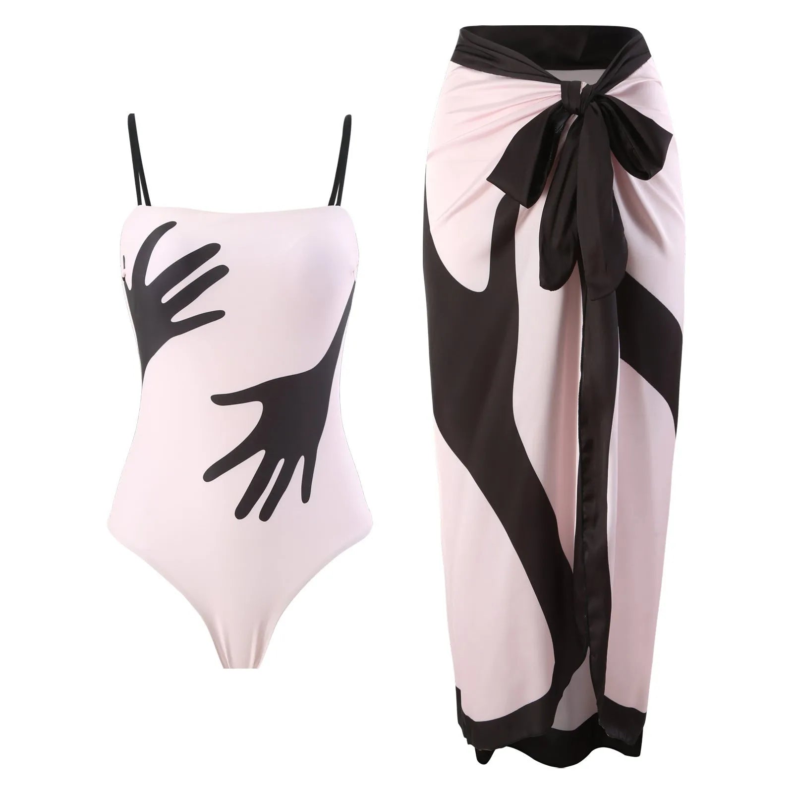 Women's patterned one-piece bikini swimsuit with attached tulle skirt in polyester fabric
