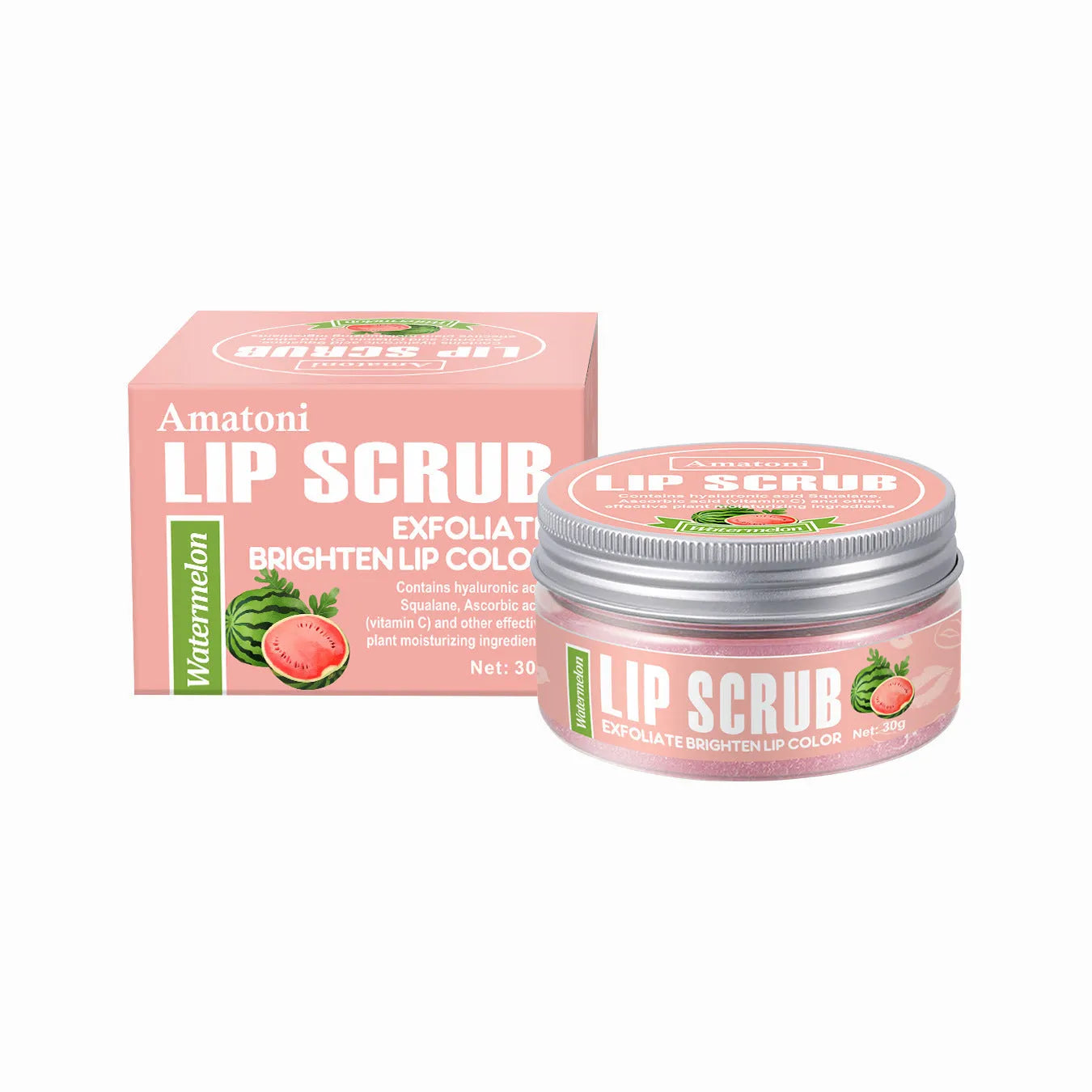Amatoni lip scrub cream pot in coconut, raspberry, vanilla, or watermelon flavour, 30g.