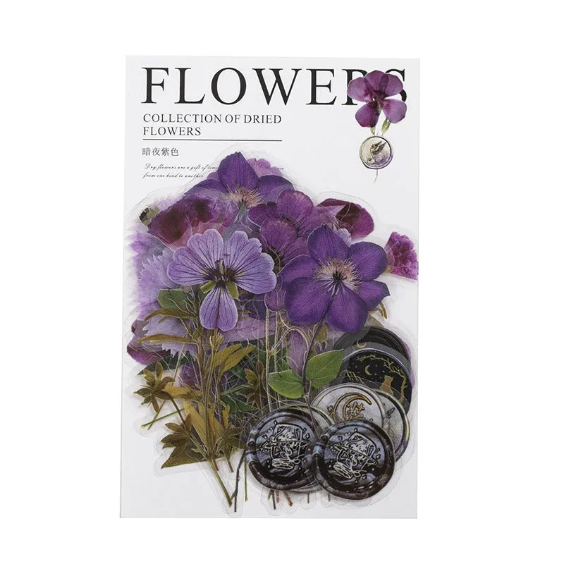 Dried flowers journal decoration stickers in 8 colour styles on PET sheets measuring 70x70mm