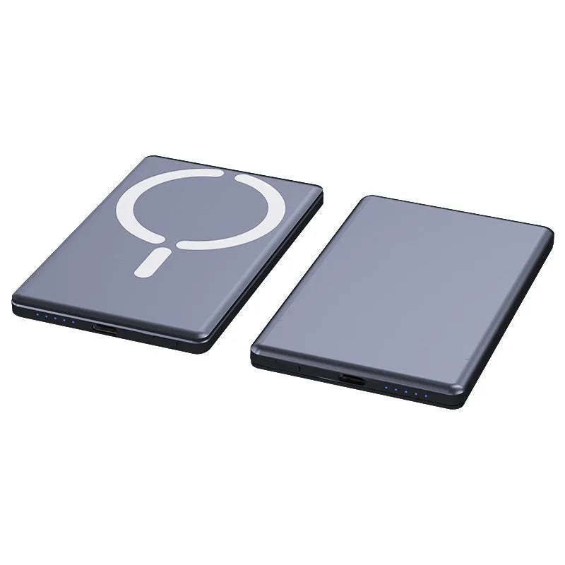 Ultra-thin magnetic power bank in black, dark grey, silver, or violet with slim 9mm profile