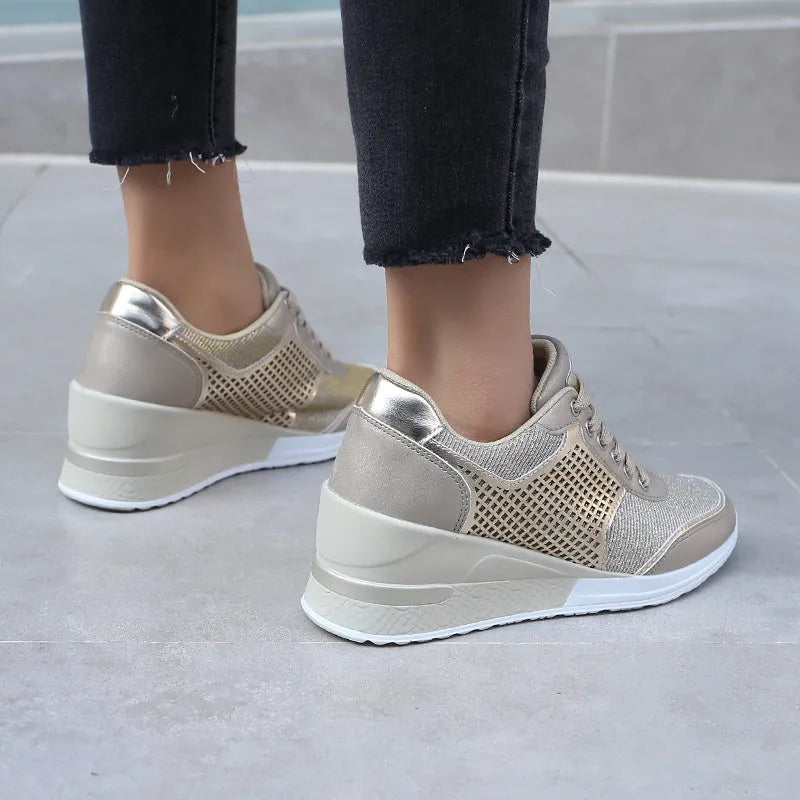 Women's PU lace-up height increasing sneakers 6.5cm round toe casual walking shoes Black Gold Grey Leopard