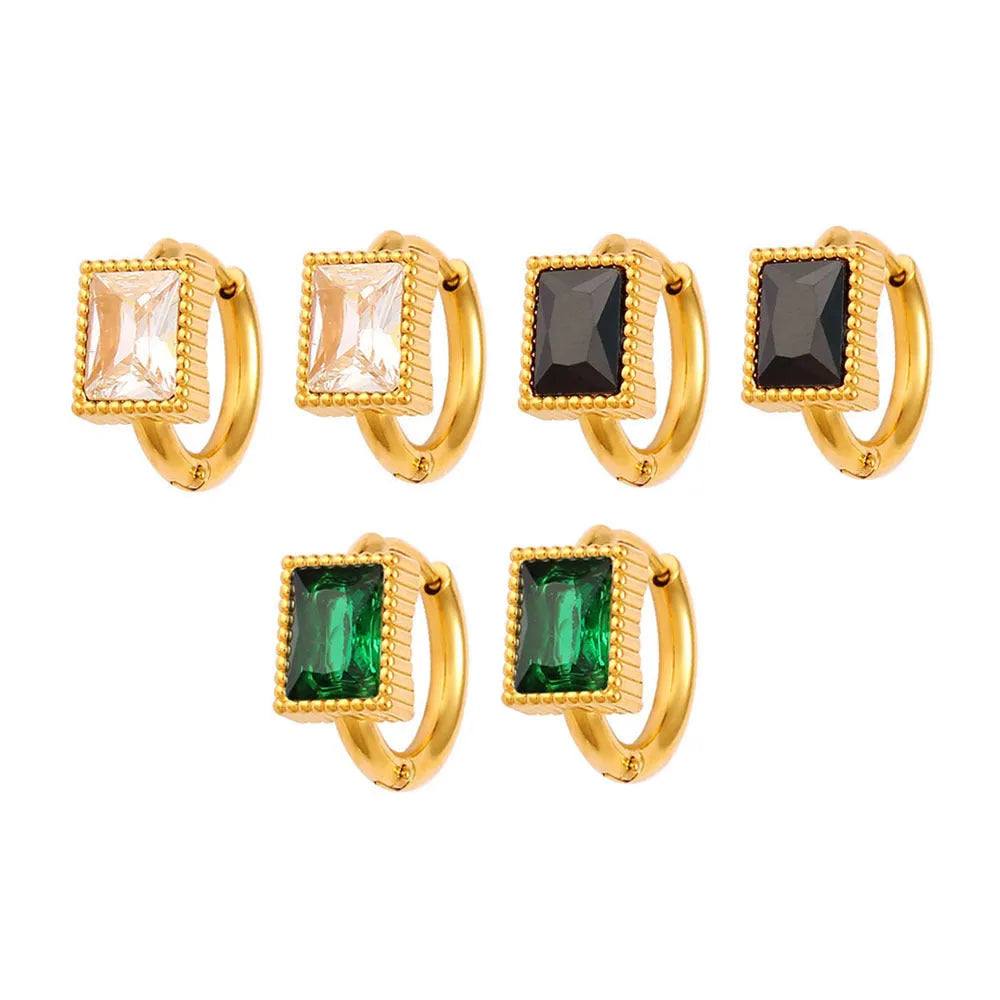Square zircon geometric earrings in stainless steel with round ring elements