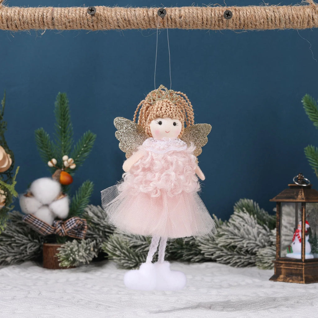 Cartoon Christmas angel fabric pendant attached to a white elastic hair band for a high ponytail.