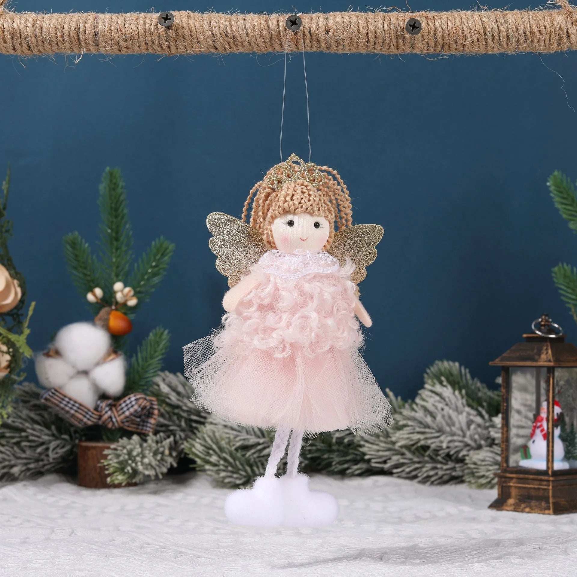 Cartoon Christmas angel fabric pendant attached to a white elastic hair band for a high ponytail.