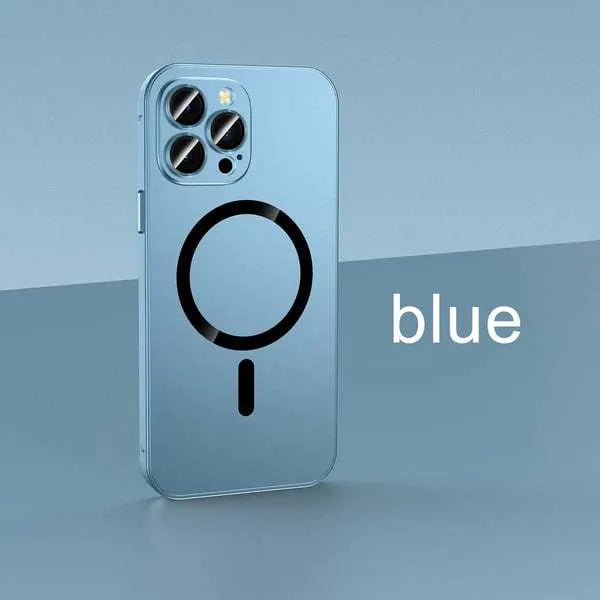 Aluminium alloy frame iPhone protective case with magnetic suction function shown in dark purple colour
