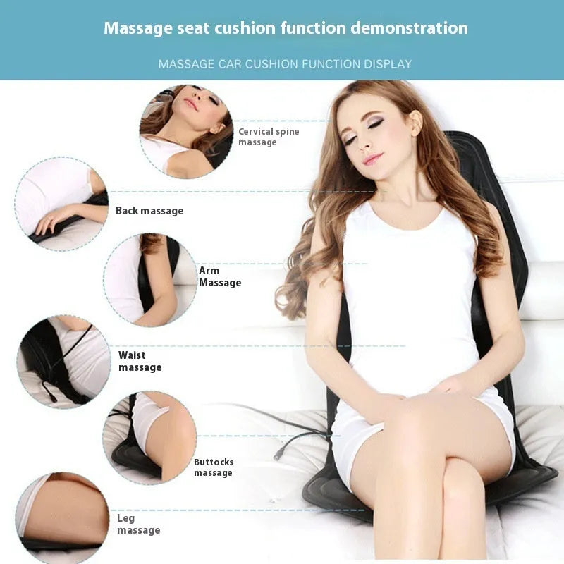 Black heating massage mat with infrared physiotherapy function and seat cushion on grey background