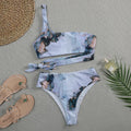 Women's high waist bikini swimsuit set with marble tie-dye print and U-neck design.