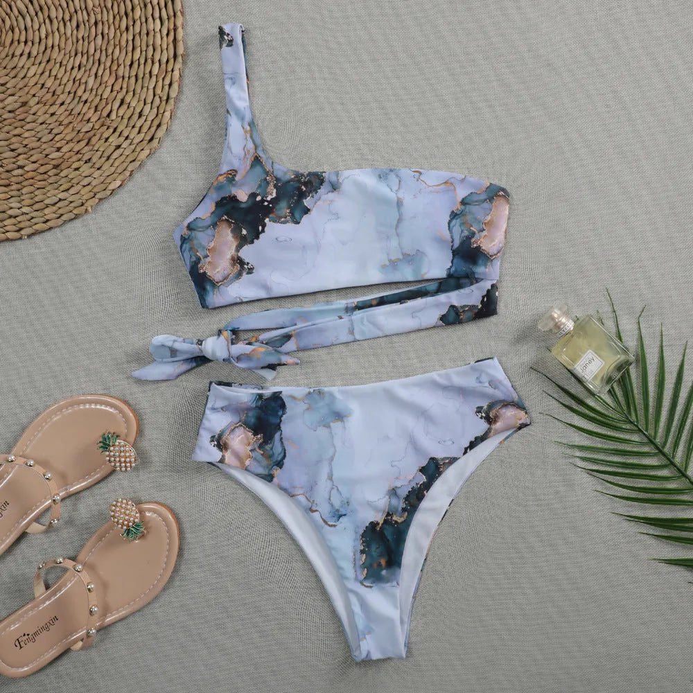 Women's high waist bikini swimsuit set with marble tie-dye print and U-neck design.