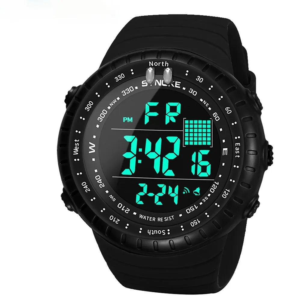 Black waterproof electronic sports watch for men with large plastic case and PU strap.