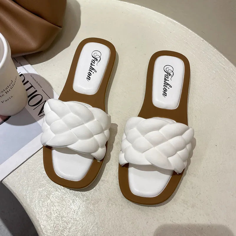 Women's plaid pattern casual sandals with thick PVC anti-skid sole in black, green, orange, and white colours.
