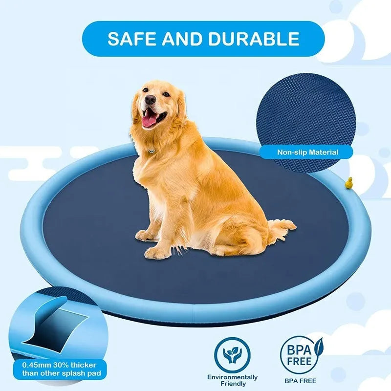 Large 150cm diameter blue dog splash pad with anti-slip texture, filled with water on grass.