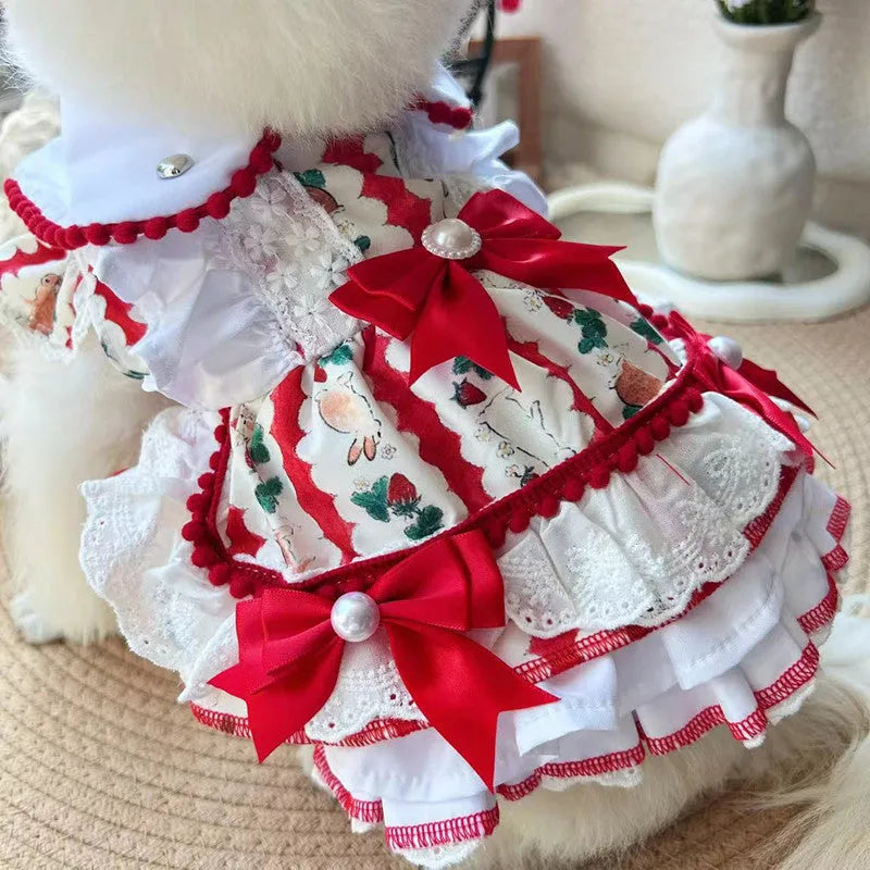 Rabbit skirt princess style polyester dress for small dogs on a size chart showing XS to XL measurements