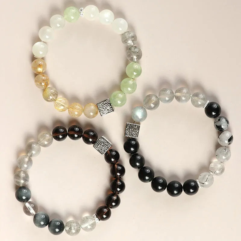 Khaki polished crystal couple bracelet with 10mm geometric beads in Chinese style