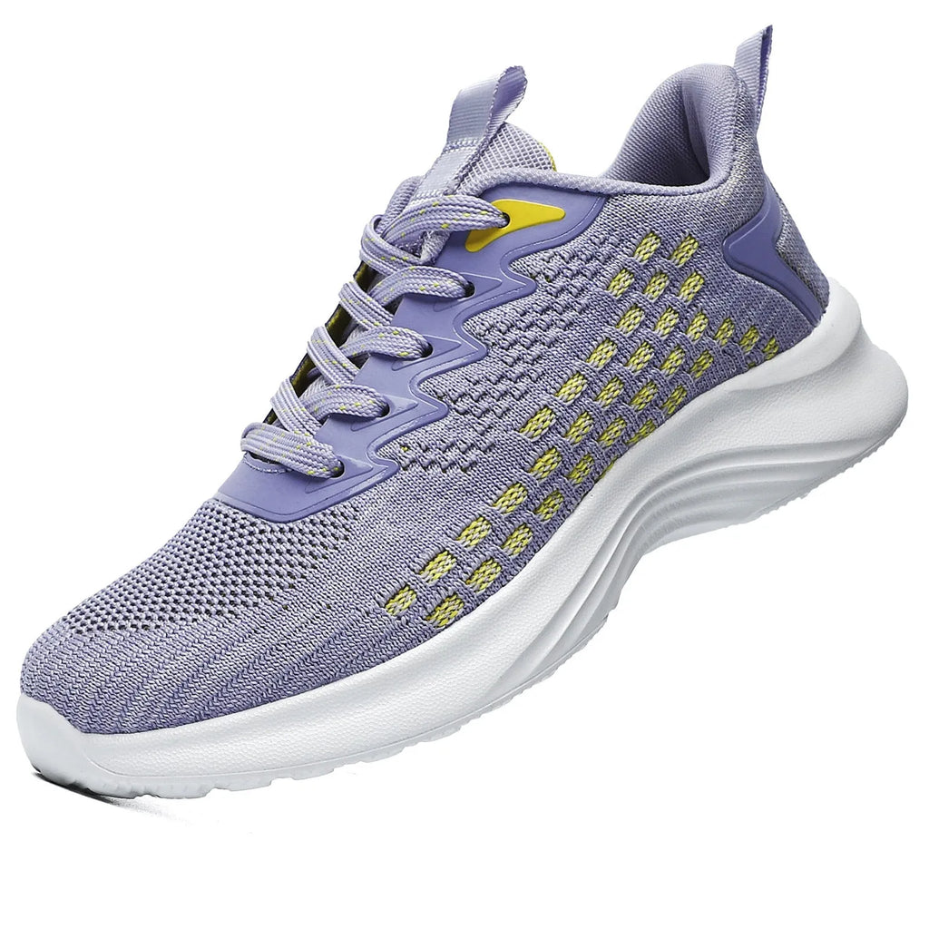 Women's lavender purple mesh running shoes with striped pattern and EVA sole for jogging
