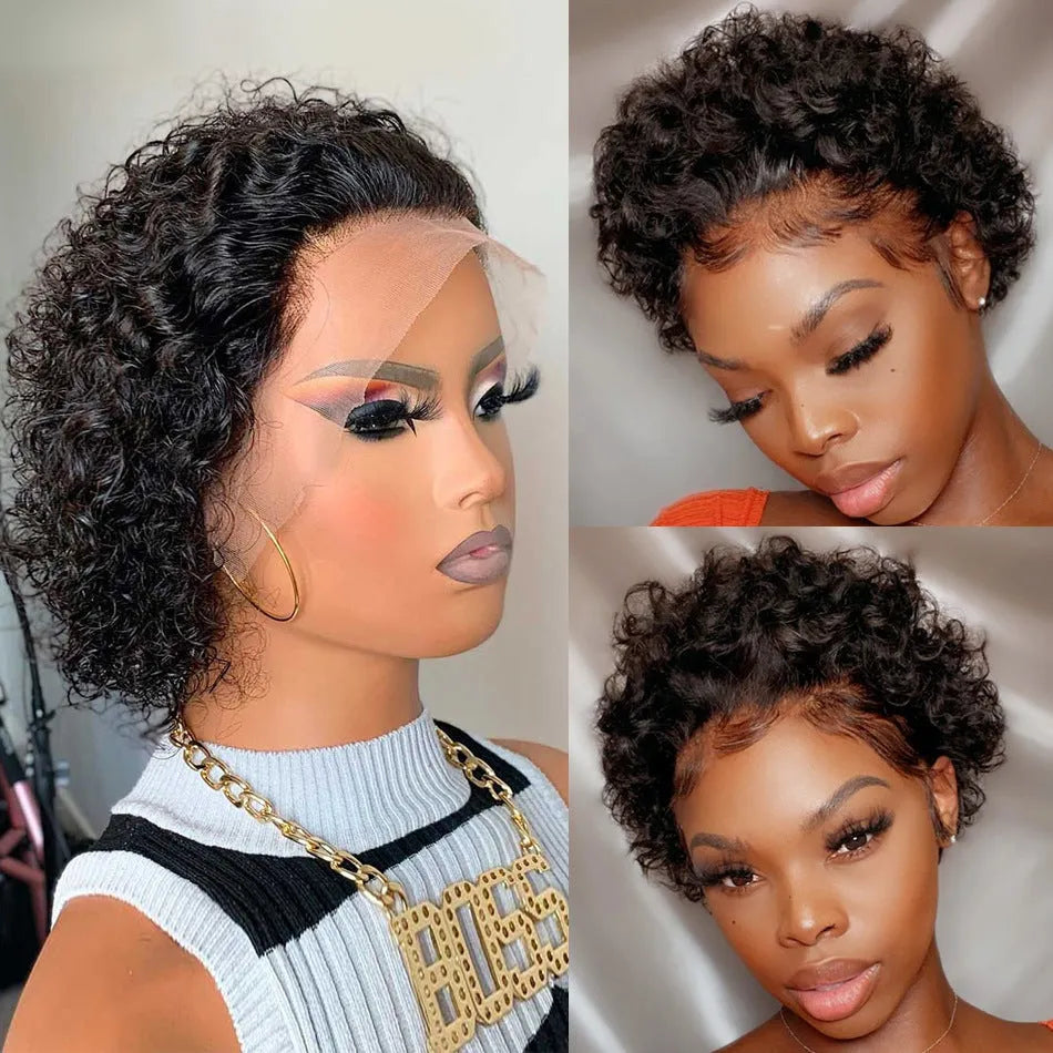 Black human hair lace front wig in pixie style for daily wear