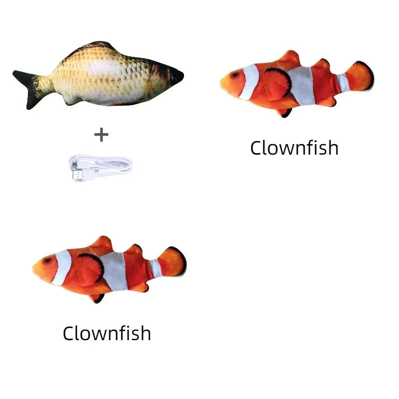 Multicolor USB rechargeable electric jumping fish cat toy measuring 30cm long