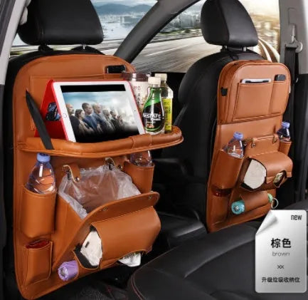 PU leather car storage hanging bag with multiple pockets and tissue box compartment in various colour options