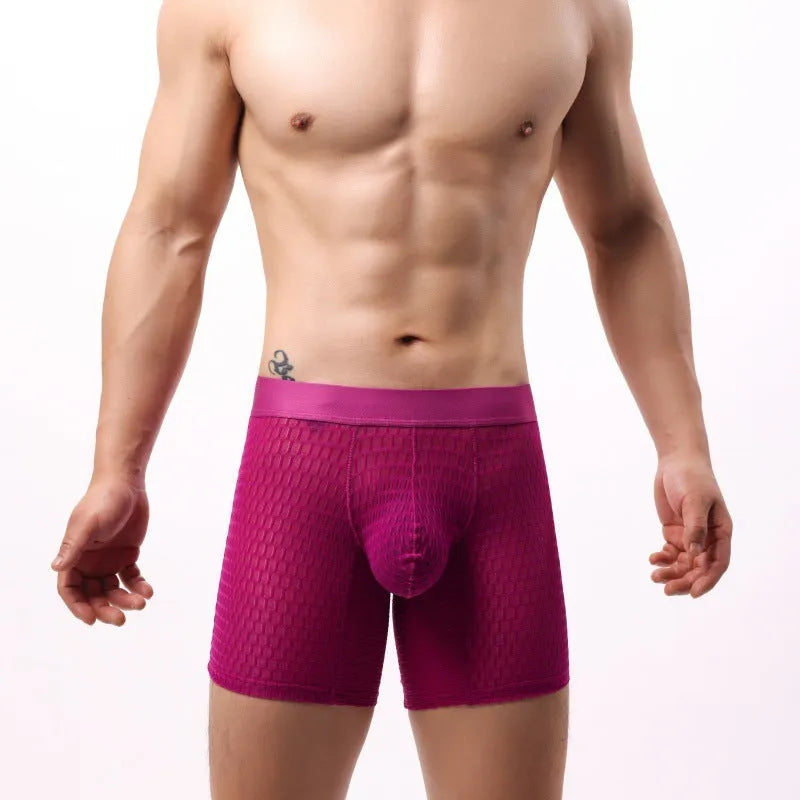 Men's low waist lace mesh boxers in a geometric pattern, available in multiple colours.