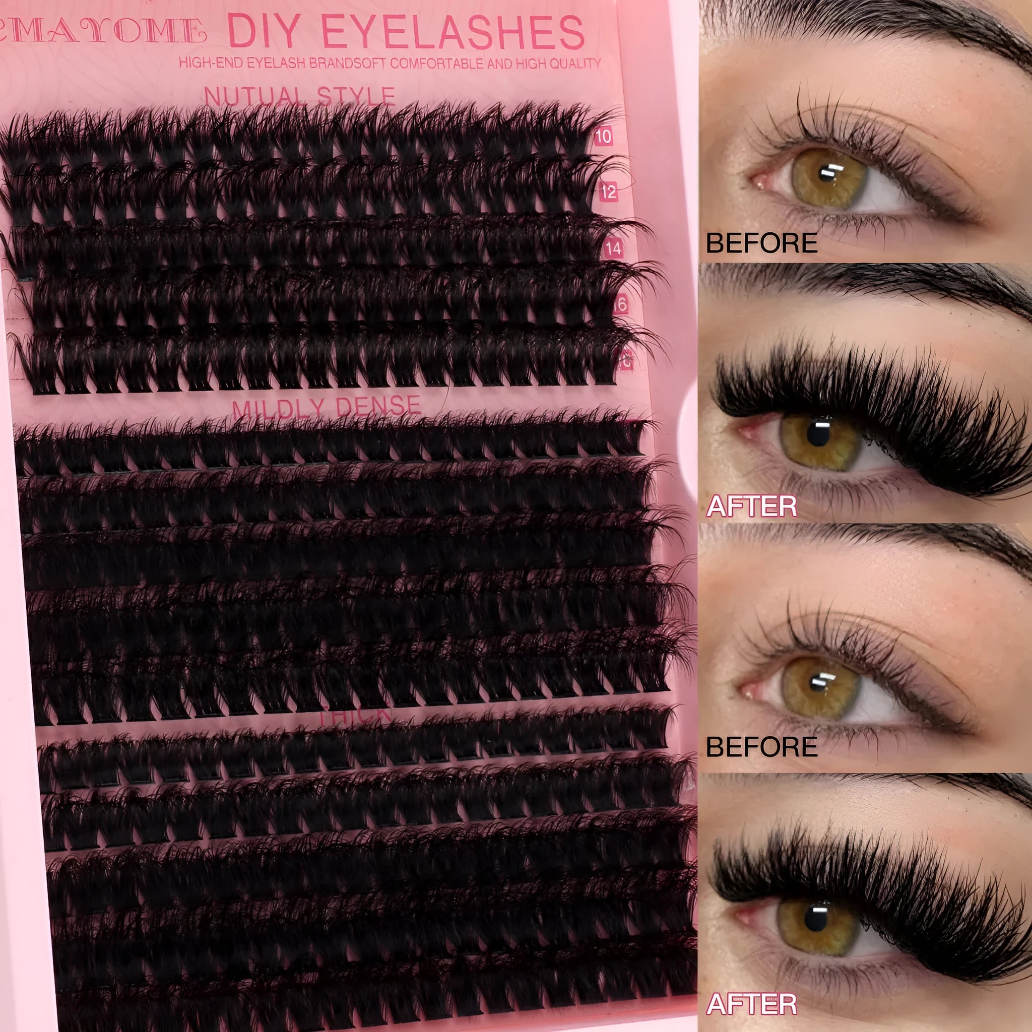 DIY false eyelash extension suit showing single cluster lashes and application tweezers