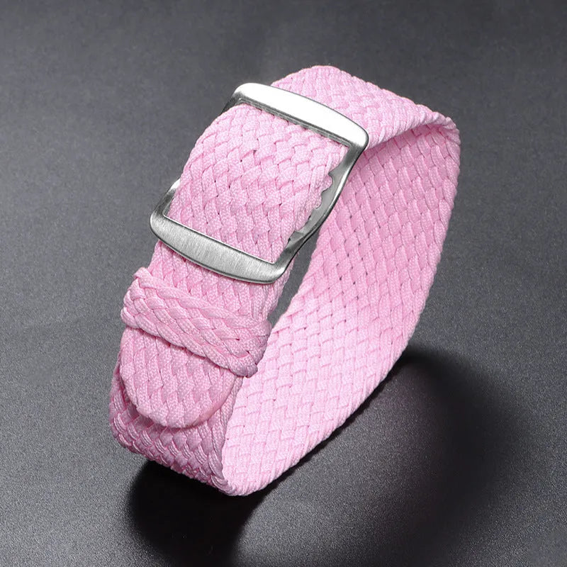 Woven nylon watchband in beige, 20mm width, with canvas-style finish on white background