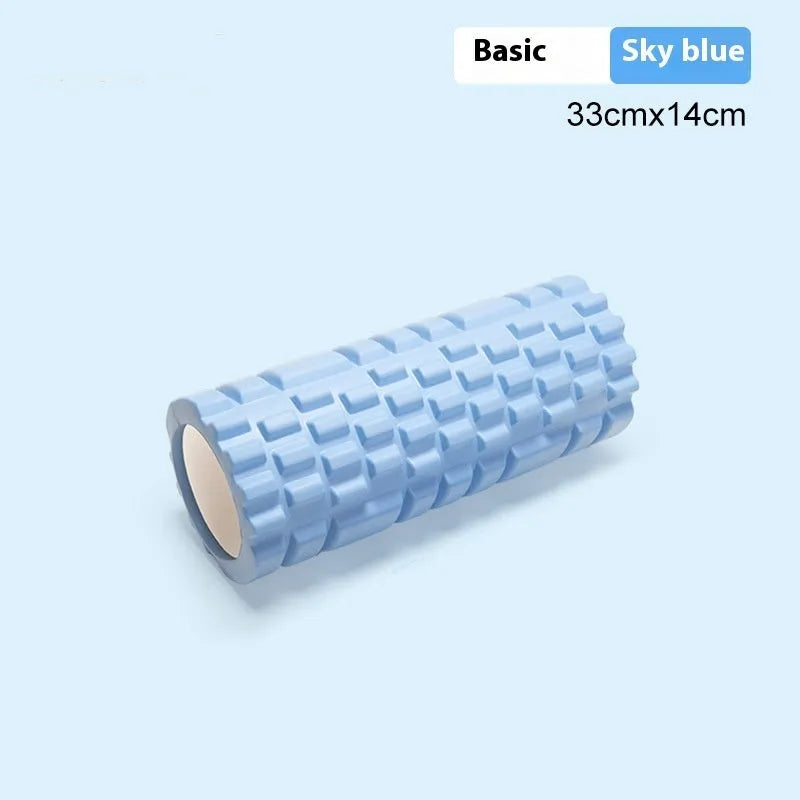 EVA foam roller for fitness in black, grey, pink, sky blue, or light purple, showing 30cm and 33cm size options.