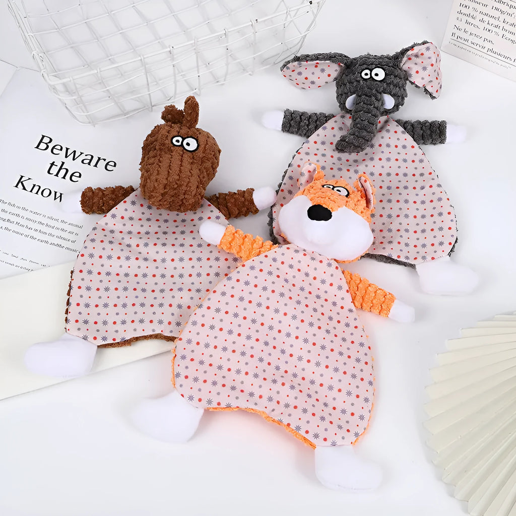Pet stuffed toy showing fox, elephant, and dinosaur designs in brown, grey, and orange colours with soft velvet material