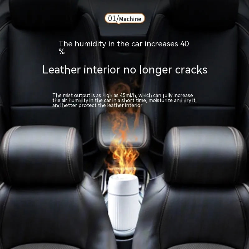 Car flame design aroma diffuser with automatic sprayer in black or white, measuring 70x70x143mm