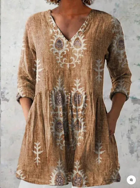 Women's long loose dress with a blue and white wave print pattern, featuring three-quarter sleeves and a wide waist.